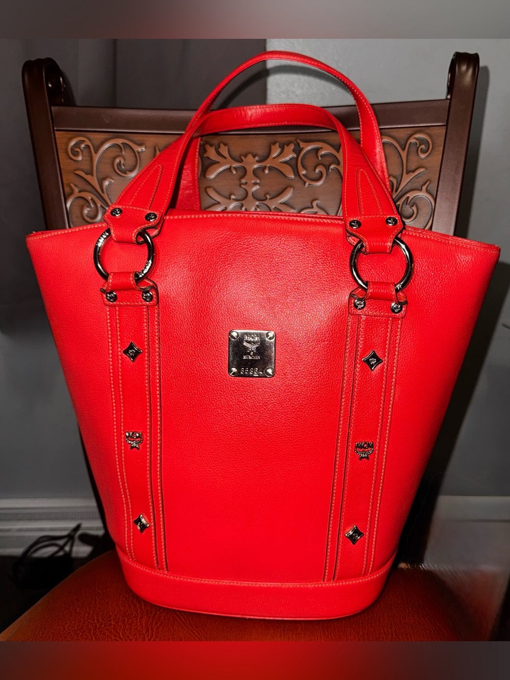 MCM Pebbled Leather Tote • Salmon/Coral • Silver Hardware